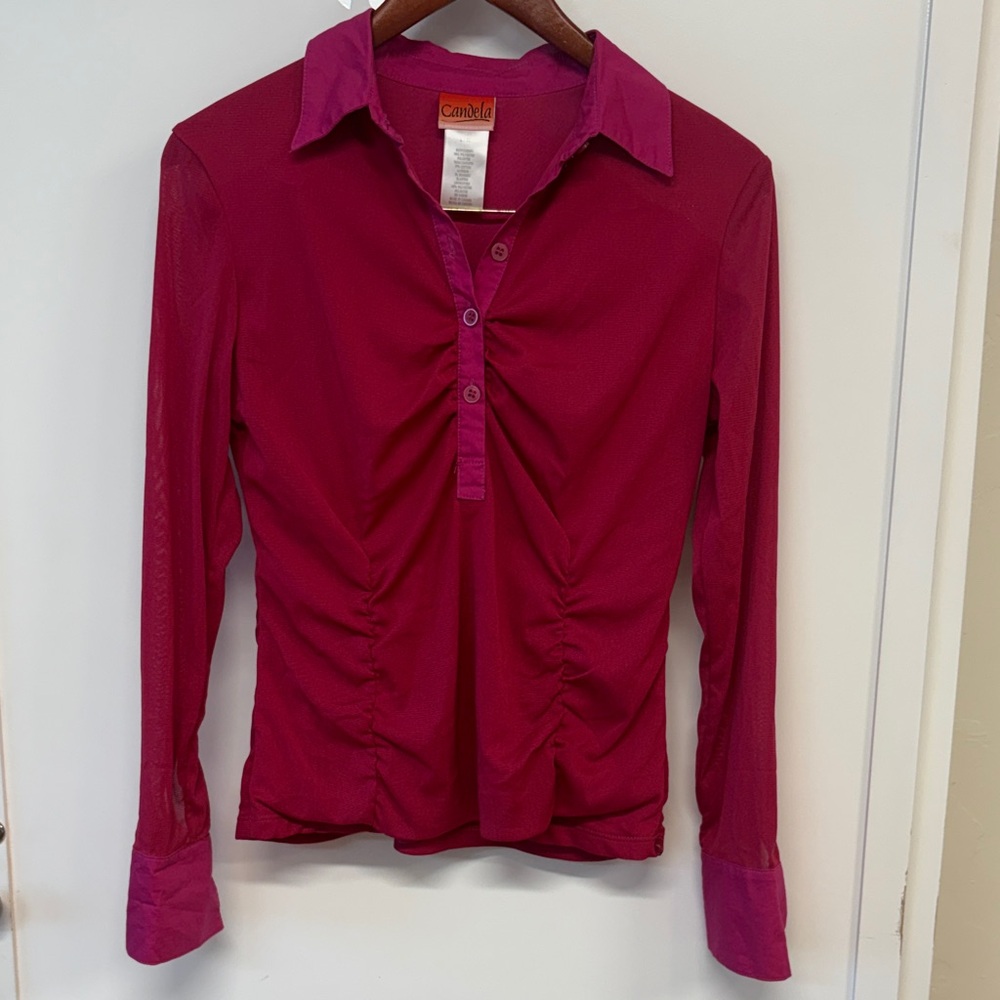 Candela Ruched Magenta Button-Down Polo Shirt